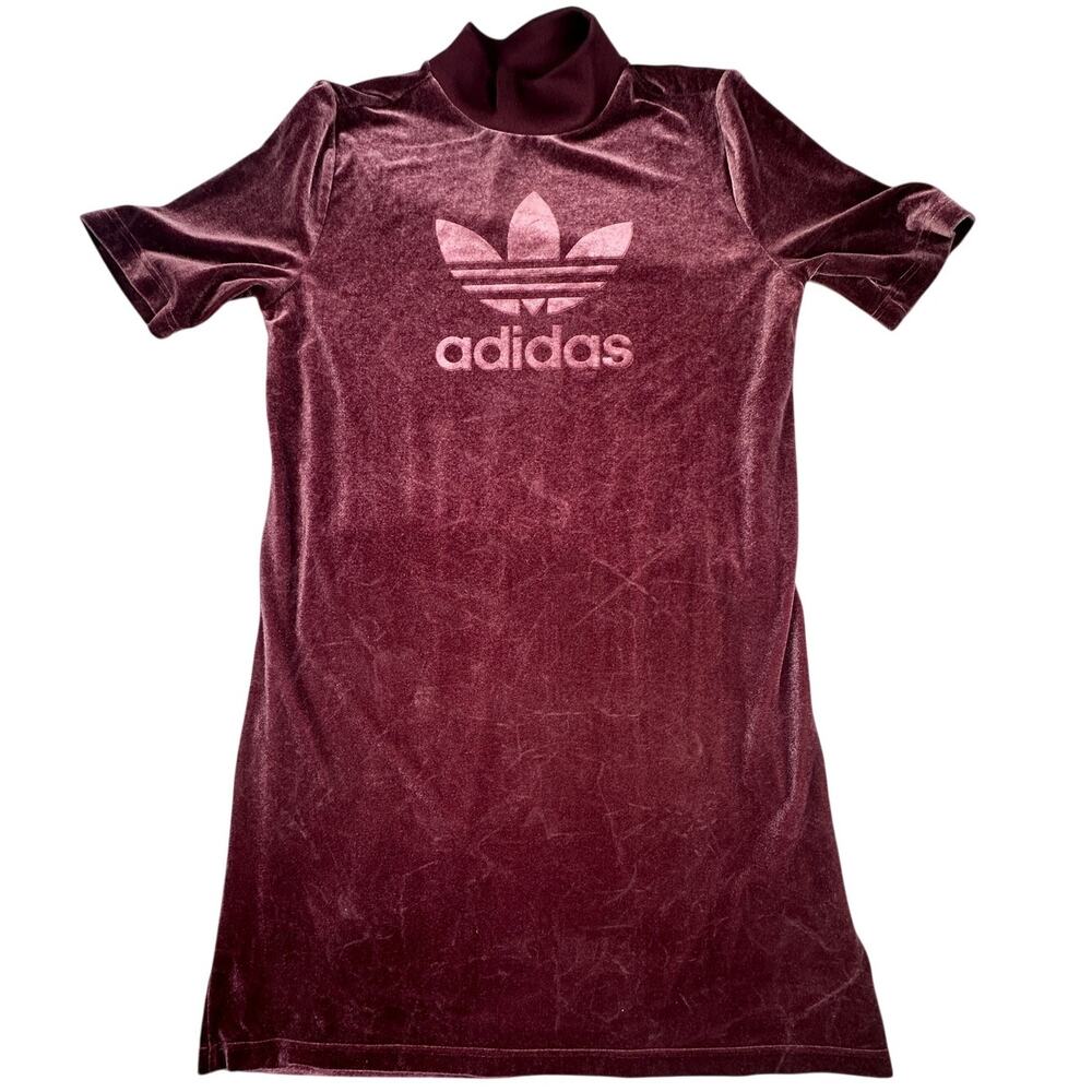 adidas Velvet T-Shirt Dress High Neck Short Sleeve Maroon M